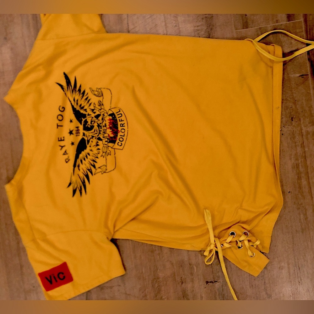 YesStyle Yellow Print Logo Short Sleeve Shirt with Lace Up Sides